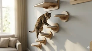A series of small minimalist wooden steps for cats to climb up to higher wall perches.