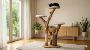 A minimalist natural wood cat tree blending seamlessly with Scandinavian-style home decor.