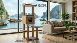 A photorealistic extreme close-up of a central circular condo box on a light wood modern cat tree, featuring superimposed clear, legible white measurement data.