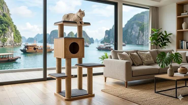 A stylish modern cat tree with a cat, situated in a contemporary living room overlooking Hạ Long Bay, Vietnam, featuring natural light.