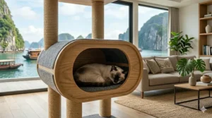 A photorealistic close-up of a Siamese cat sleeping soundly within the cozy, integrated central condo box of a light wood modern cat tree.