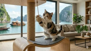A photorealistic extreme close-up of a calico cat actively playing and batting at a suspended natural-material toy hanging from the structure of a modern cat tree.
