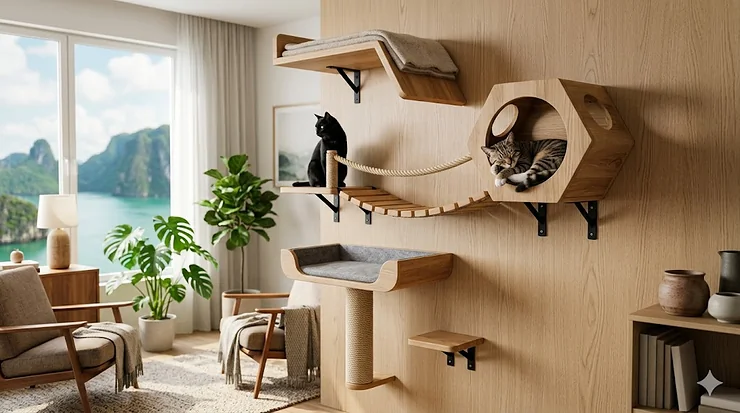 A modern multi-level wall mounted cat tree featuring wooden platforms and a cozy bridge in a bright living room.