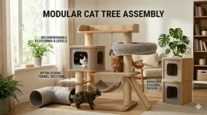 Modular cat tree for multiple cats showing how various platforms and tunnels can be reconfigured.