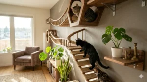 Detailed view of modular cat walkway connection points and assembly hardware on a modern interior wall.