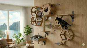 Customizable layout of a modular wall mounted cat tree with hex-shaped cubbies and steps.