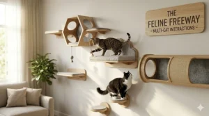 Two cats interacting on a multi-level set of wall-mounted cat shelves for climbing.