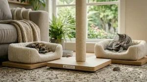 A tall cat tower with two separate cushioned beds and a middle condo for multiple cats.