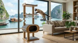 A photorealistic Siamese cat is captured mid-air jumping onto a complex, light wood and grey felt multi-level modern cat tower.