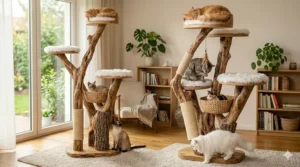 Multiple cats lounging on different platforms of a tall natural wood cat tree with cozy felt baskets.