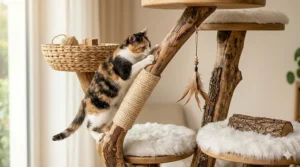 Illustration of a natural wood cat tree featuring integrated sisal rope scratching posts on the lower branches.