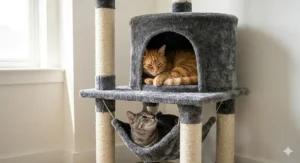 Illustration of a plush cat condo and hanging hammock feature available on cat trees under $100.