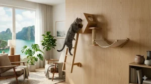Compact wall mounted cat tree installed in a small apartment to save floor space.