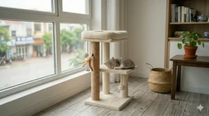 A simple diagram showing the quick assembly parts of a multi-level small cat tree.