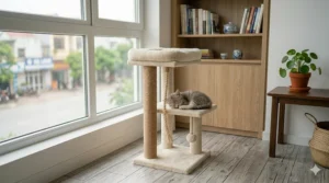 A low-profile small cat tree designed for kittens to climb safely and play.