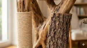 Close-up detail of a real pear wood branch used as a sturdy trunk for a natural wood cat tree.