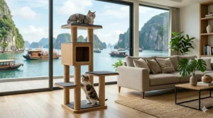 A photorealistic compact, multi-level modern cat tree made of light wood and grey felt is neatly tucked into a sunlit corner of a small, stylish apartment living room.