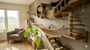 A complex cat walkway hub featuring a wooden spiral staircase and multiple exit ramps for feline exercise.
