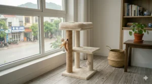 A wide, stable base of a small cat tree preventing it from wobbling during active play.