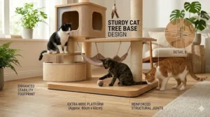 Illustration of an extra-wide sturdy base design for a cat tree for multiple cats to ensure stability.