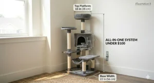 Illustration showing the height and width dimensions of a 50-inch tall cat tree under $100.