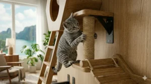 Vertical sisal-wrapped scratching post component of a modular wall mounted cat tree system.