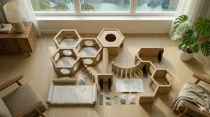 Overhead view of wall mounted cat tree components including wooden shelves, screws, and hex keys for assembly.