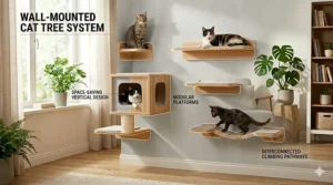 Space-saving wall-mounted cat tree system designed for multiple cats to climb and play.
