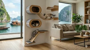 A photorealistic 4K image captures a wall-mounted modern cat tree system featuring floating wooden perches, scratching ramps, and a rope bridge with active cats.