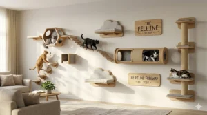 A long wall-to-wall cat highway featuring various shelves and bridges for active climbing.