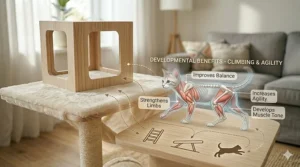 Interior design illustration showing the ideal placement of a cat tree for kittens near a window or in a quiet corner.
