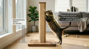 A detailed infographic illustration with clean vector lines in a sunlit living room showing a tall cat scratching post with recommended 32-inch height, durable sisal texture, and ergonomic benefits.