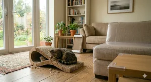 A fluffy Persian cat curled up and sleeping inside a bowl-shaped cardboard cat scratcher bed.
