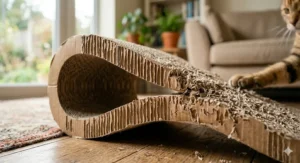 An infographic diagram showing the measurements and eco-friendly layered construction of a cardboard cat scratcher.
