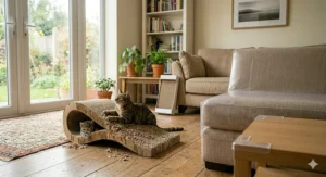 A split-screen illustration showing a cat choosing a cardboard cat scratcher over a scratched-up living room sofa.