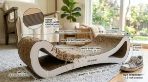 Illustration showing the length, width, and height dimensions of a large cat scratcher lounge.