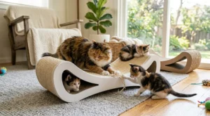 Diagram showing a cat choosing to scratch a cardboard lounge instead of the adjacent living room sofa.