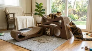 Step-by-step graphic showing organic catnip being sprinkled onto a cat scratcher lounge to attract a kitten.