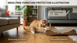 A split scene illustration comparing furniture protection. On the left, the cat scratches the horizontal scratcher with a text overlay: "SAVES FURNITURE: Redirects Destructive Scratching." On the right, a close-up of an unblemished sofa armrest.