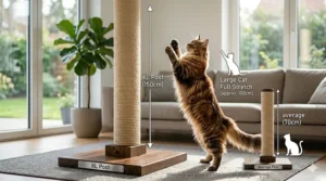 A photorealistic size comparison diagram showing a tall, robust scratching post next to a large Maine Coon cat breed, complete with integrated height measurements for clear scale.