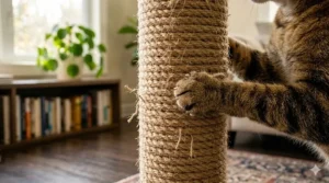 Detailed close-up of durable natural sisal fiber wrapped around a sturdy cat scratching post.