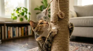 A vertical cat scratching post with an attached fuzzy ball toy for interactive play.