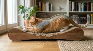 The ginger tabby cat fully extended and lying flat on the horizontal scratcher while scratching, showing a full spinal stretch. A text overlay reads: ERGO-STRETCH: Relieves Back Tension.