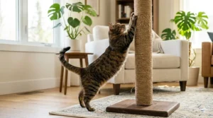 An illustration of a cat fully stretching its back while using a tall sisal scratching post.