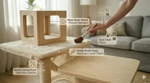 Illustration showing how to vacuum and remove hair from a cat tree for kittens to maintain a clean environment.