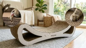 Close-up illustration of the high-density, eco-friendly corrugated cardboard layers used in the cat scratcher lounge.