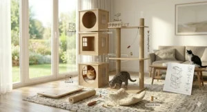 Illustration of the quick-setup parts and tools included with a cat tree with condo kit.