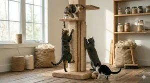 An eco-friendly themed illustration highlighting non-toxic, 100% natural sisal fibers used in a cat scratcher.