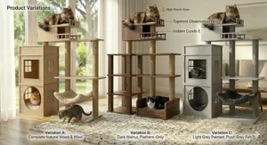 A display of different color options like charcoal gray and beige for a luxury cat tree with condo.