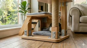 Reinforced heavy-duty base of a cat tree for senior cats to ensure maximum stability during use.
